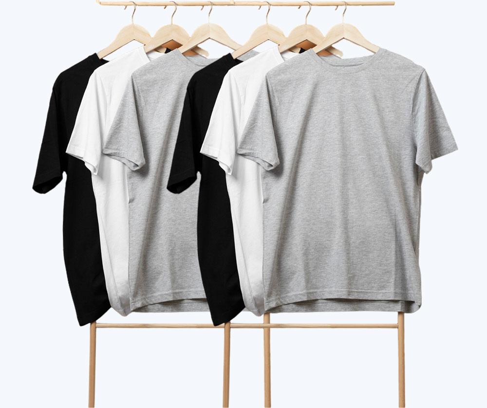 Rack of custom t-shirts for bulk discounts